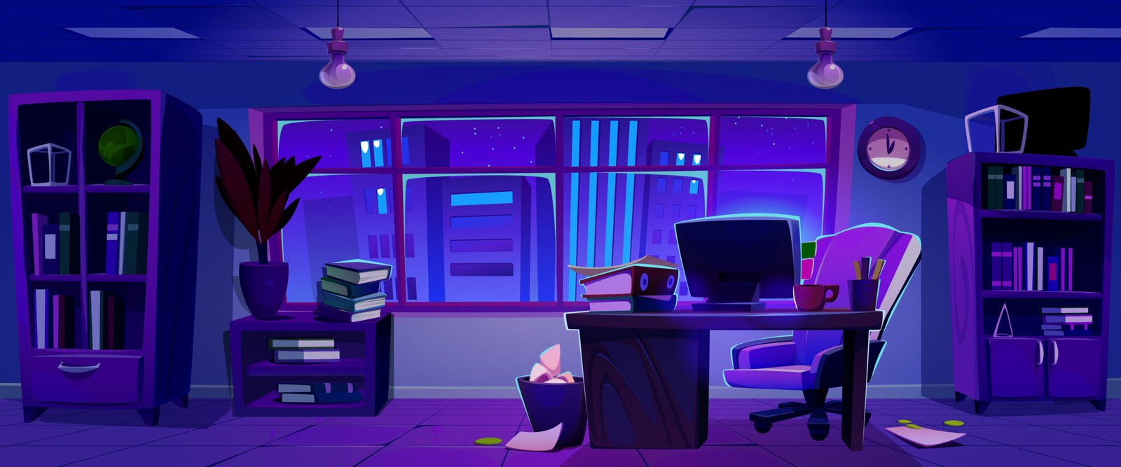 Company office at night. Vector cartoon illustration of dark room with cityscape and starry sky view in window, computer, documents and stack of books on desk, folders on shelf, paper in trash bin